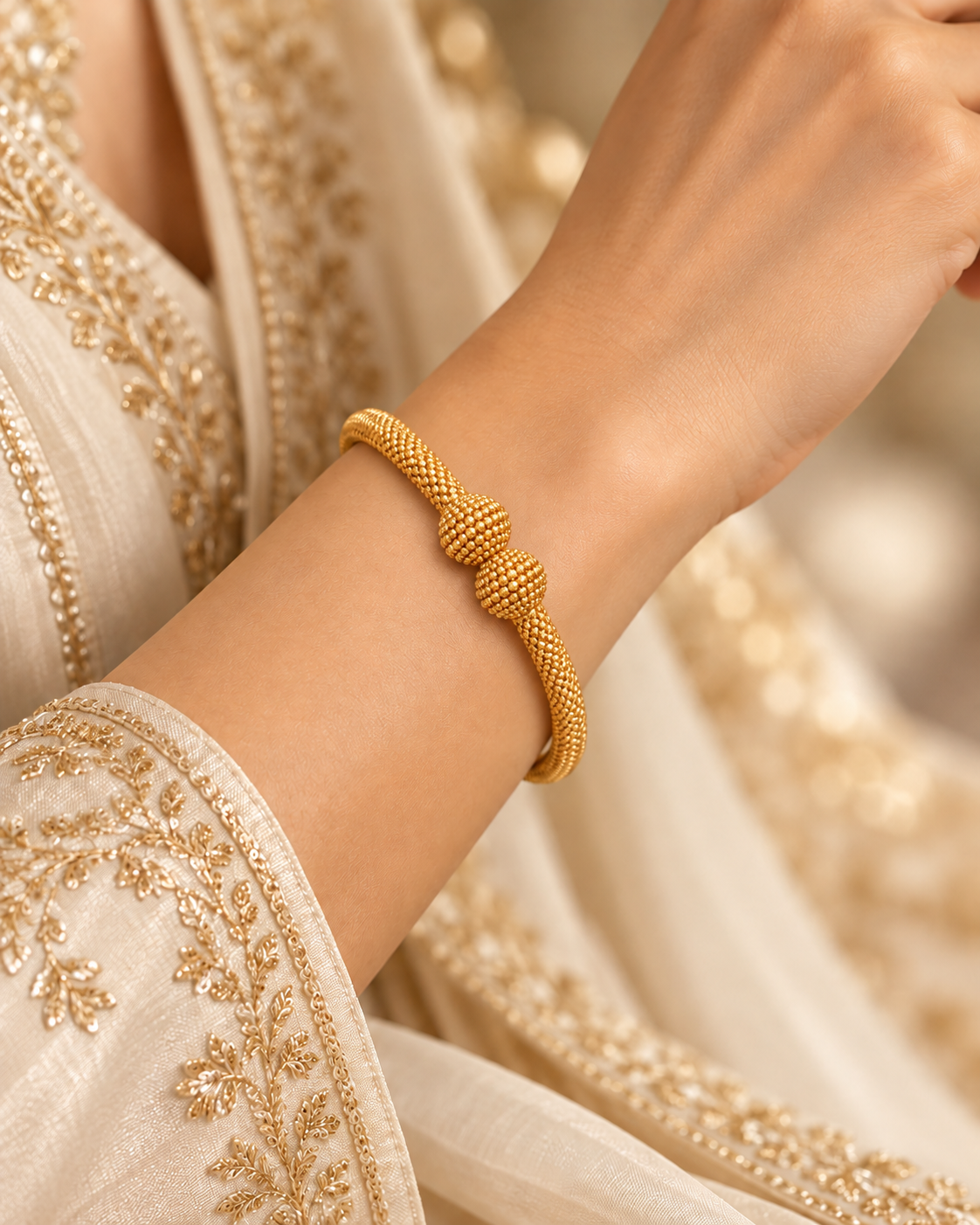 Fully beaded gold bangle with two granulated gold spheres