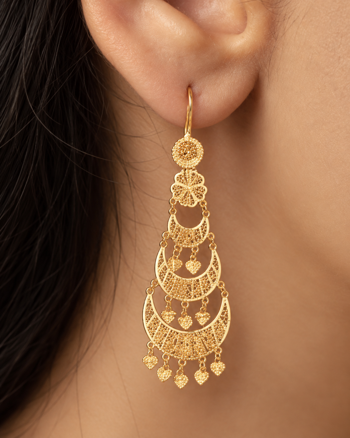 Tiered gold filigree crescent chandelier earrings with heart charms