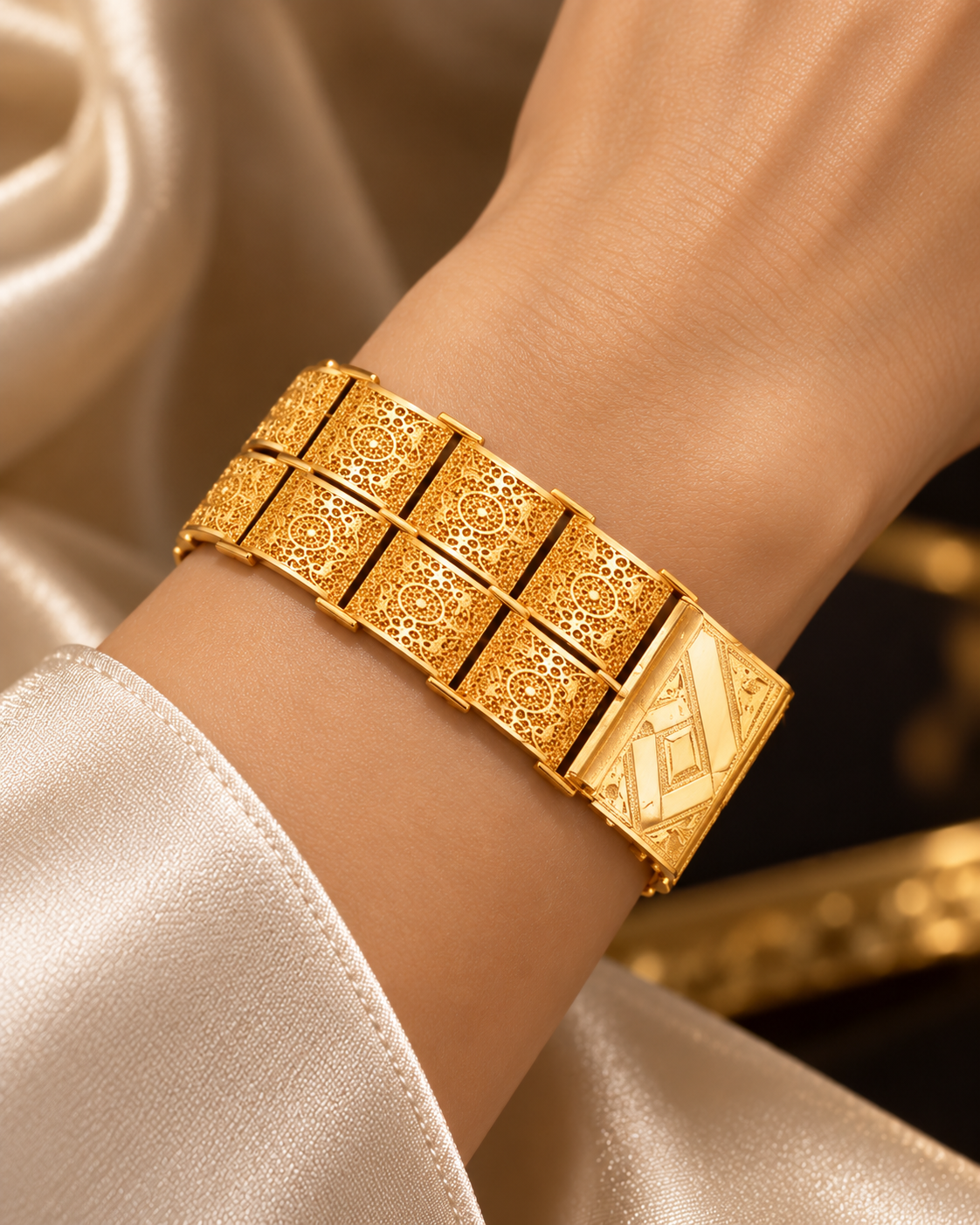 Two-row gold filigree panel bracelet with engraved clasp