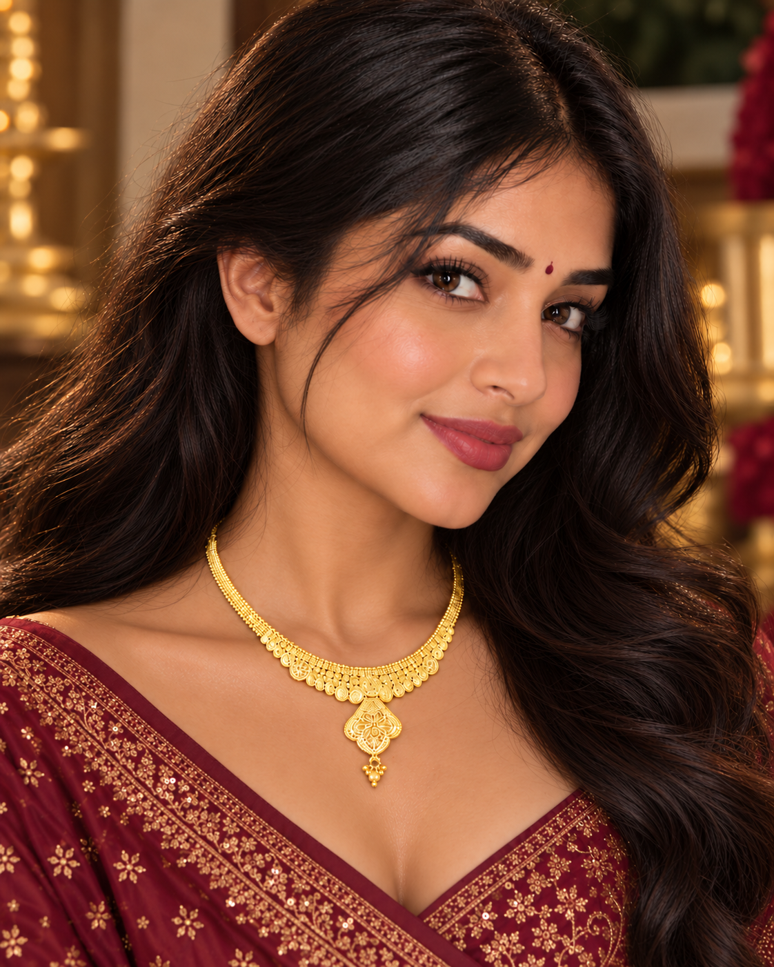 Gold filigree collar necklace with an openwork drop pendant