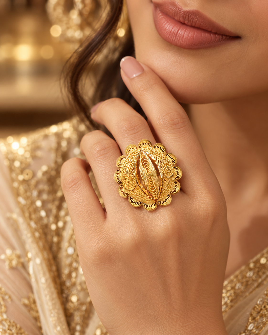 Large gold filigree cocktail ring with scalloped edge