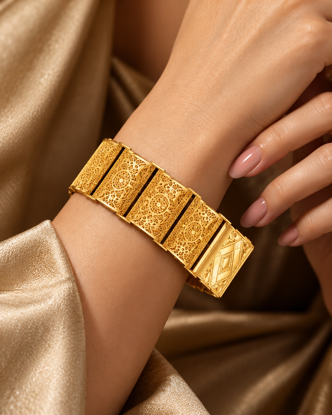 Wide gold filigree panel bracelet with rosette panels and engraved clasp