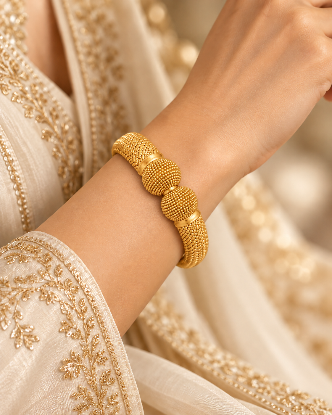 Wide textured gold bangle with two large granulated gold domes
