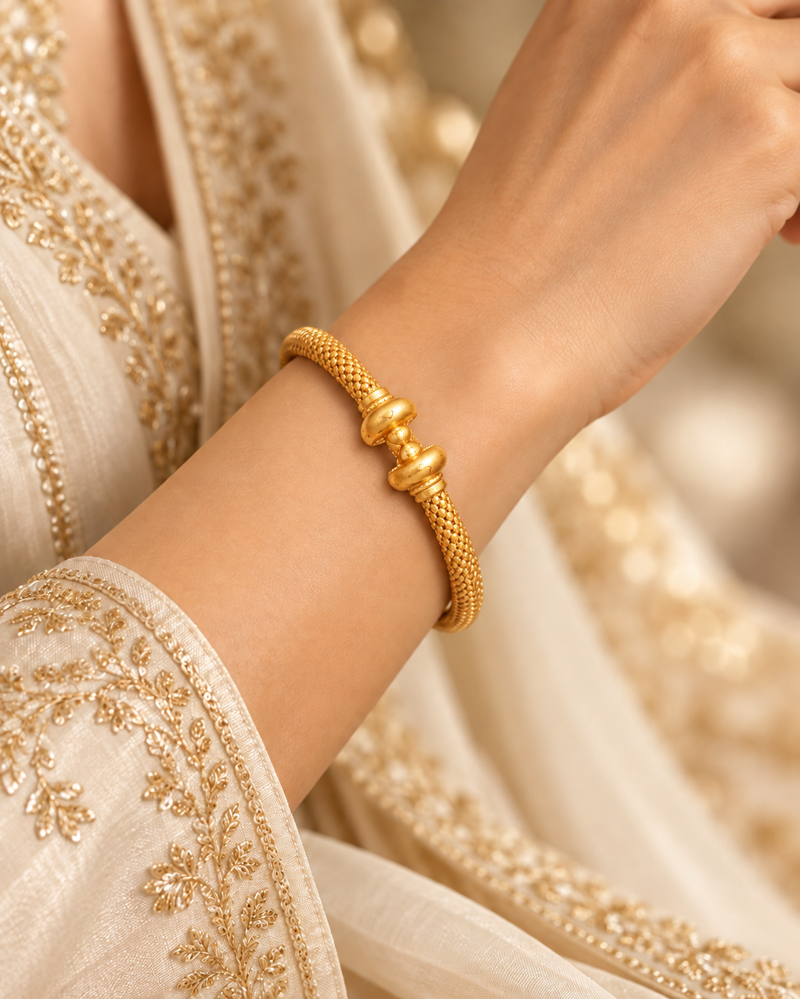 Gold mesh bangle with a polished satin knot centrepiece