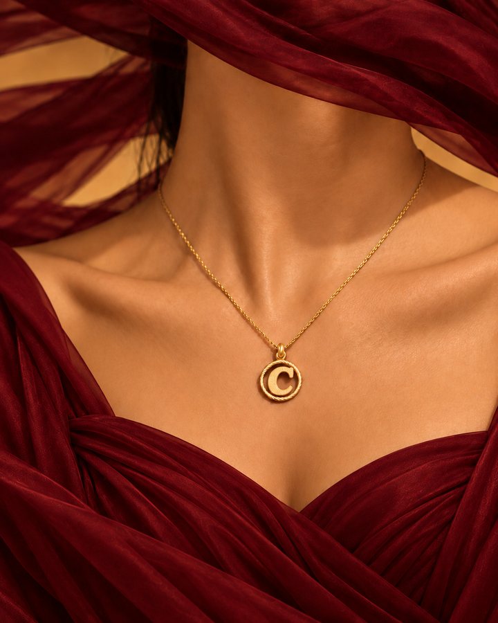 Letter C gold initial necklace worn at the collarbone
