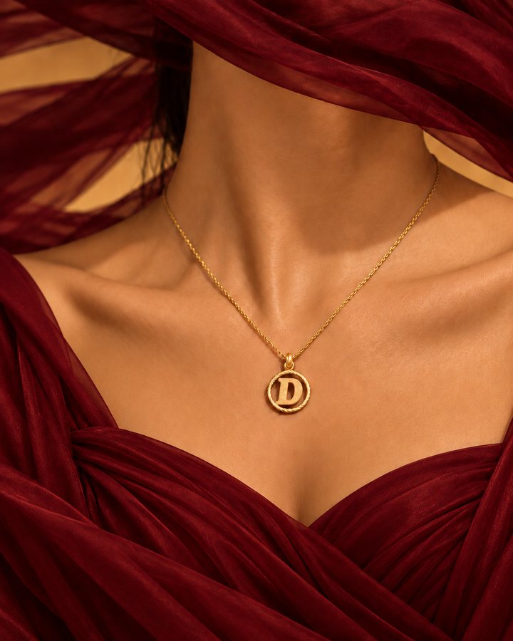 Letter D gold initial necklace worn at the collarbone
