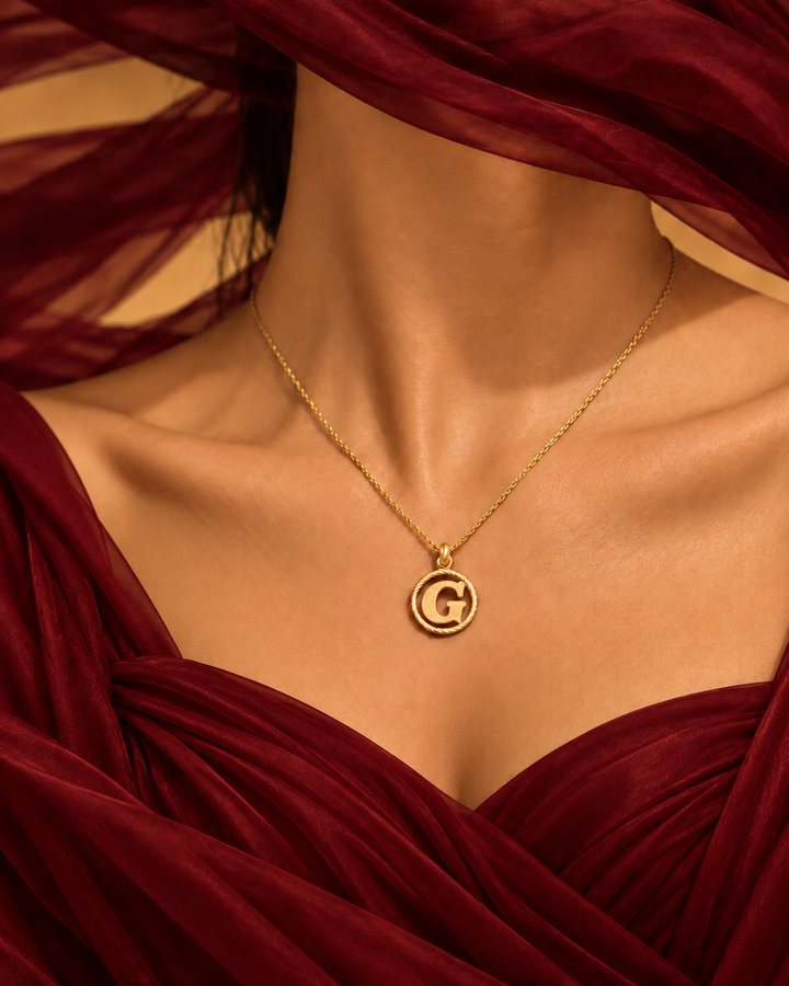 Letter G gold initial necklace worn at the collarbone