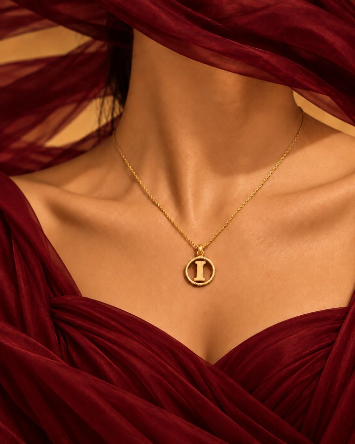 Letter I gold initial necklace worn at the collarbone