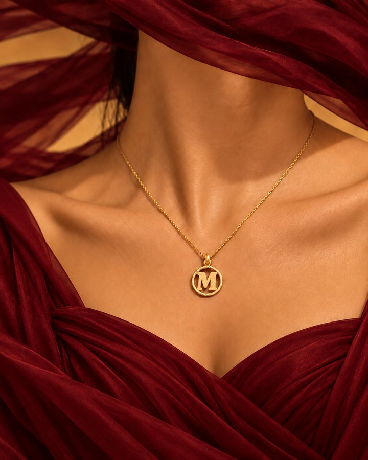 Letter M gold initial necklace worn at the collarbone
