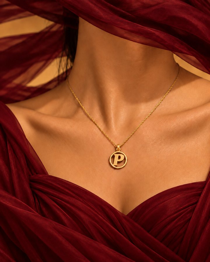 Letter P gold initial necklace worn at the collarbone