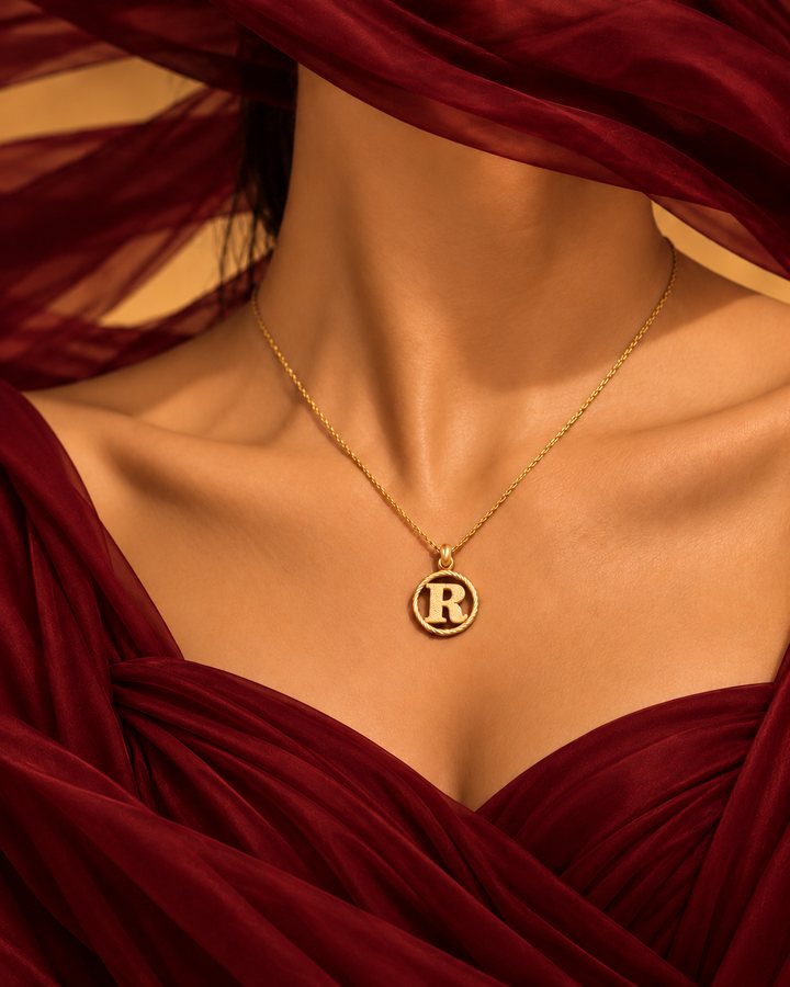 Letter R gold initial necklace worn at the collarbone