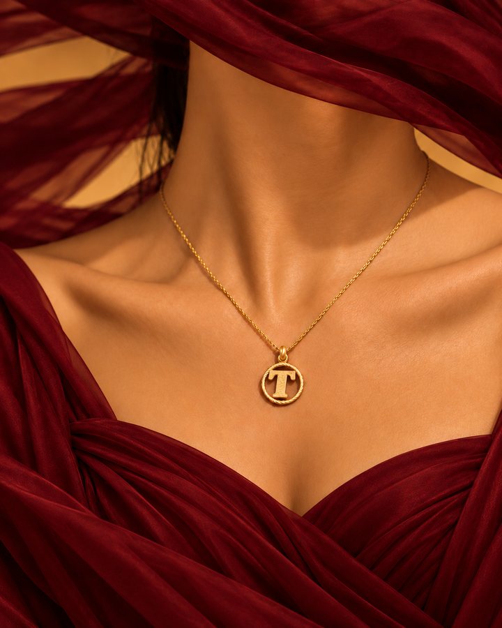 Letter T gold initial necklace worn at the collarbone