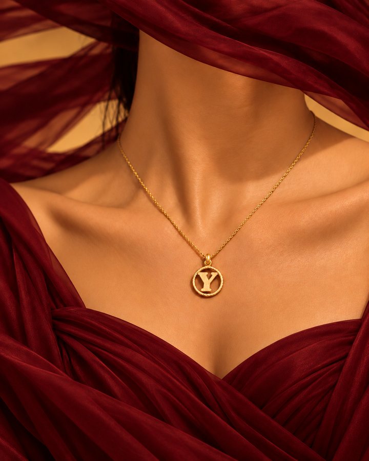 Letter Y gold initial necklace worn at the collarbone