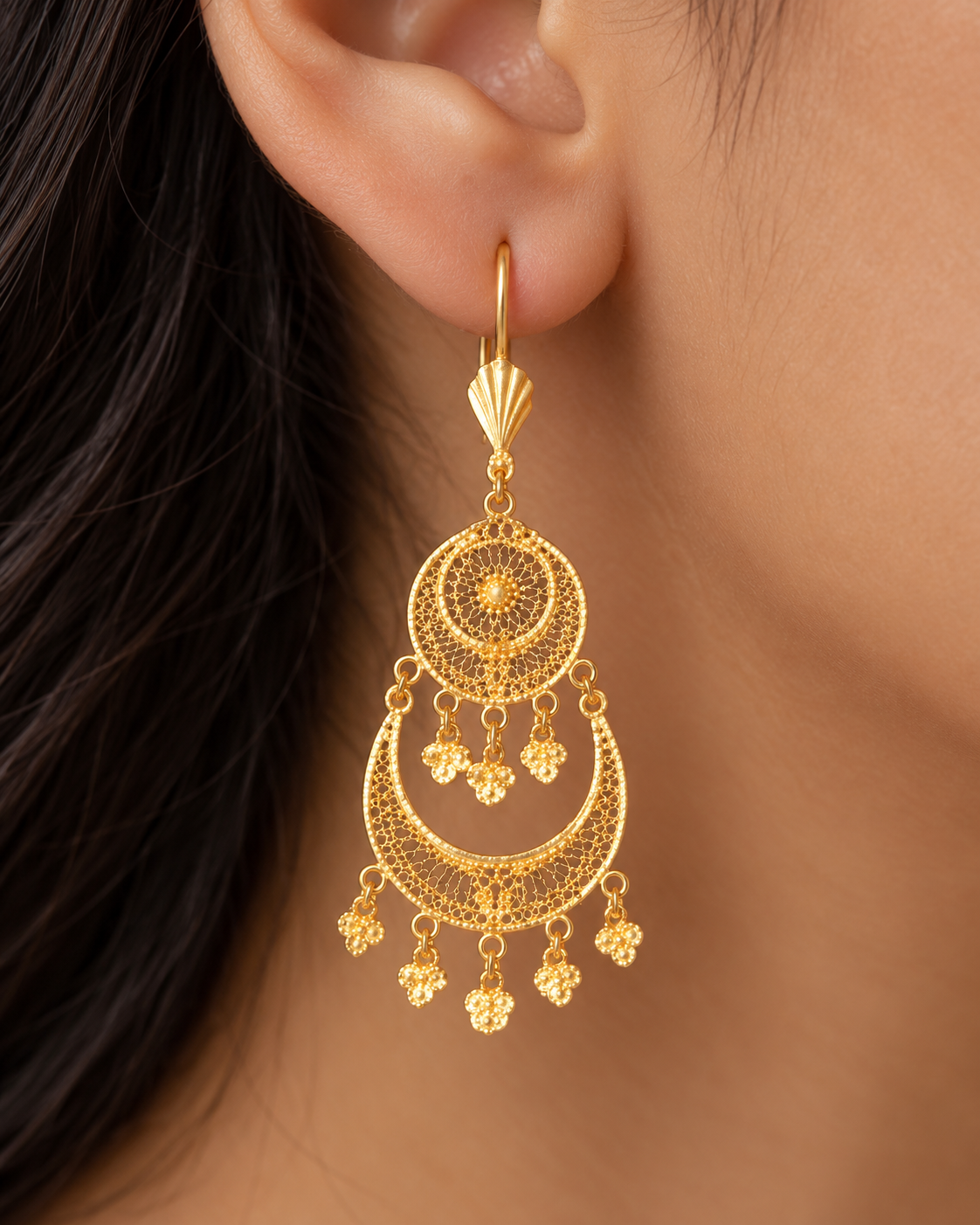 Gold filigree disc and crescent earrings with clustered bead charms