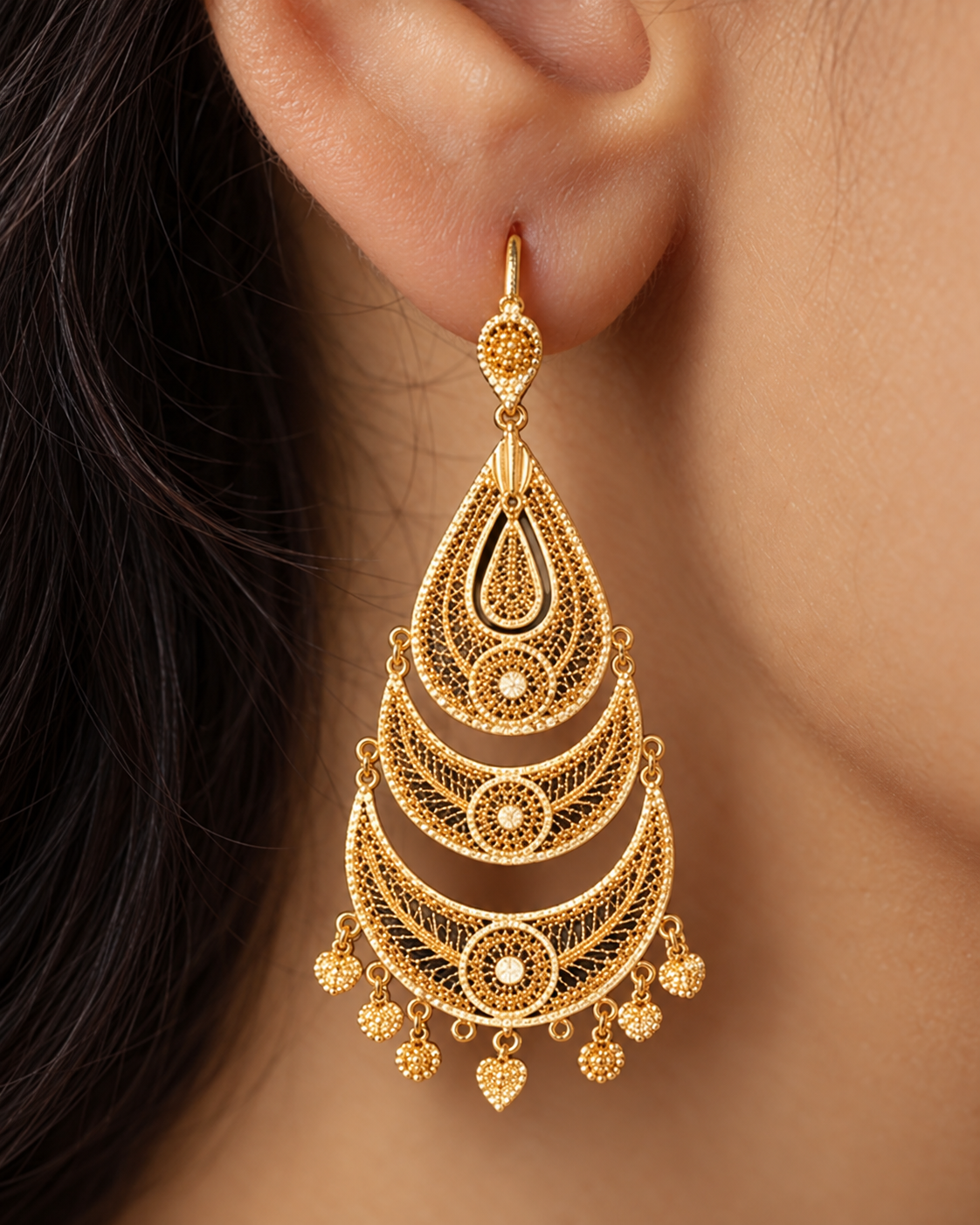 Tiered gold filigree crescent earrings with rosette centres and heart charms