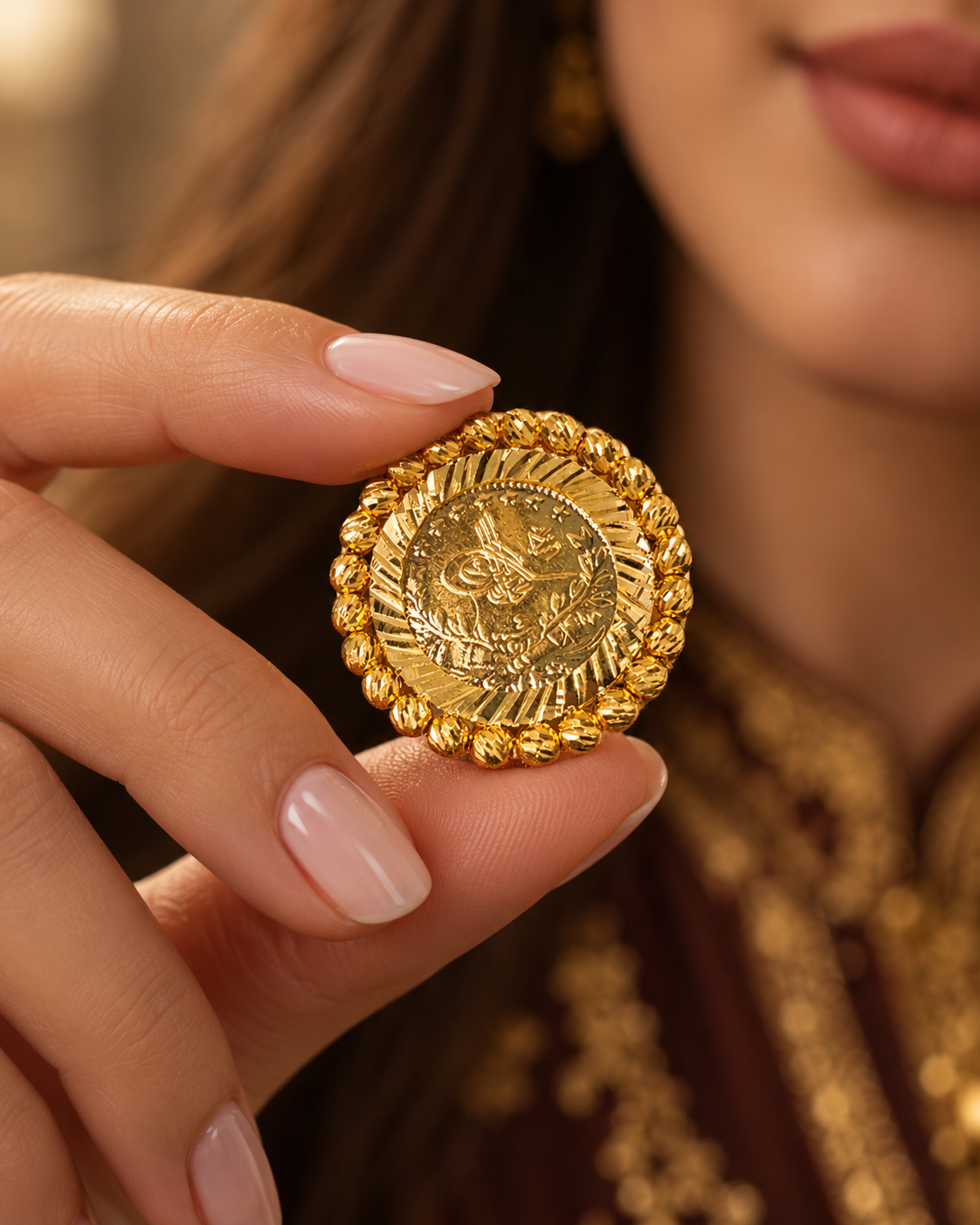 Ottoman-style gold coin with diamond-cut beaded frame
