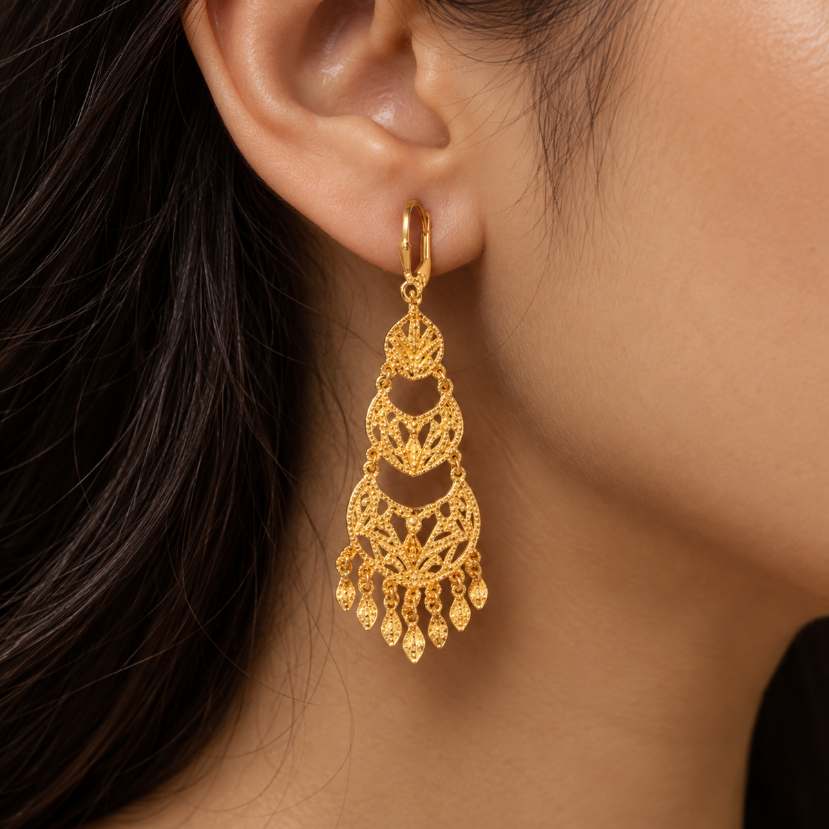Three-tier gold filigree crescent chandelier earrings with leaf fringe