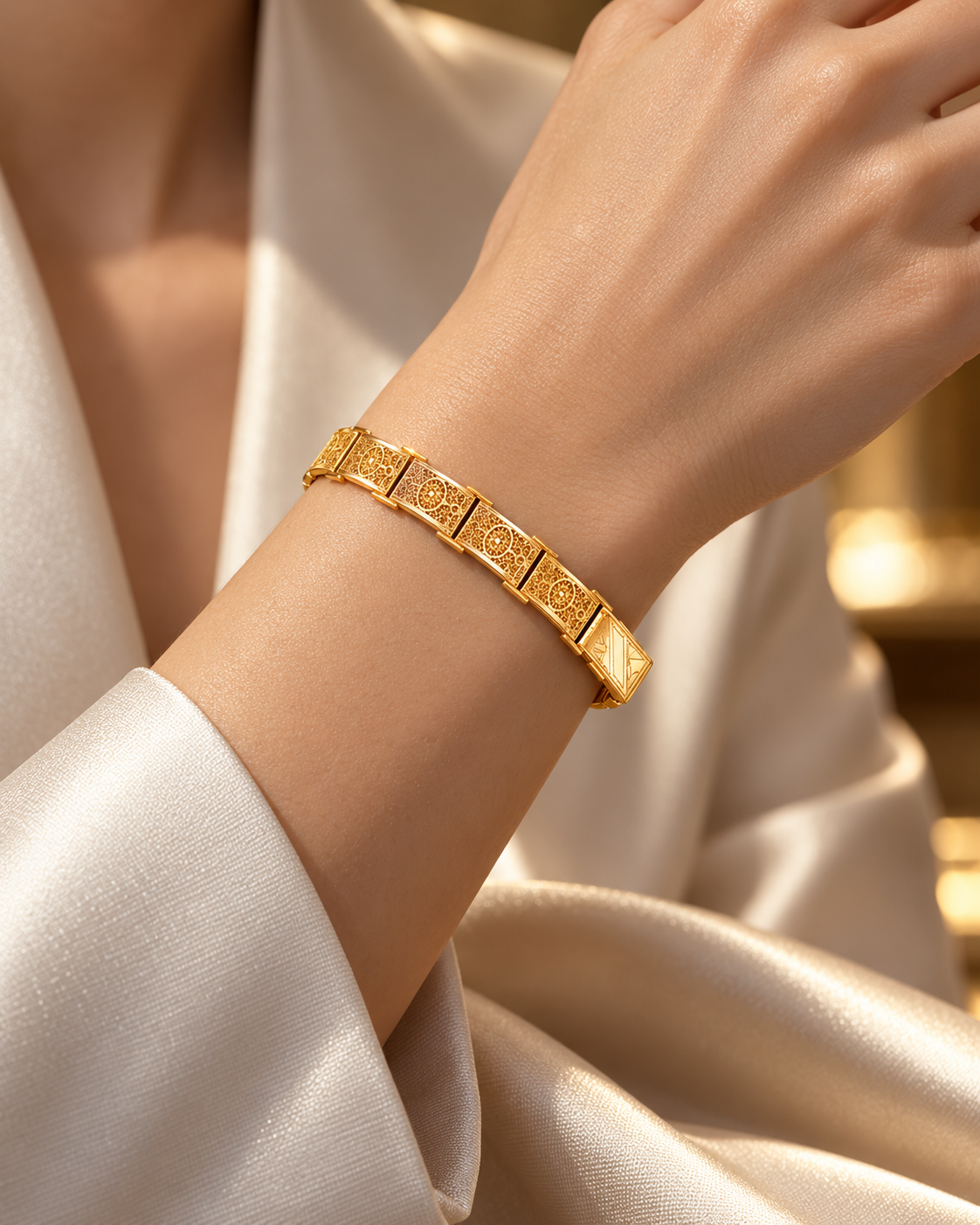 Slim gold filigree panel bracelet with engraved clasp