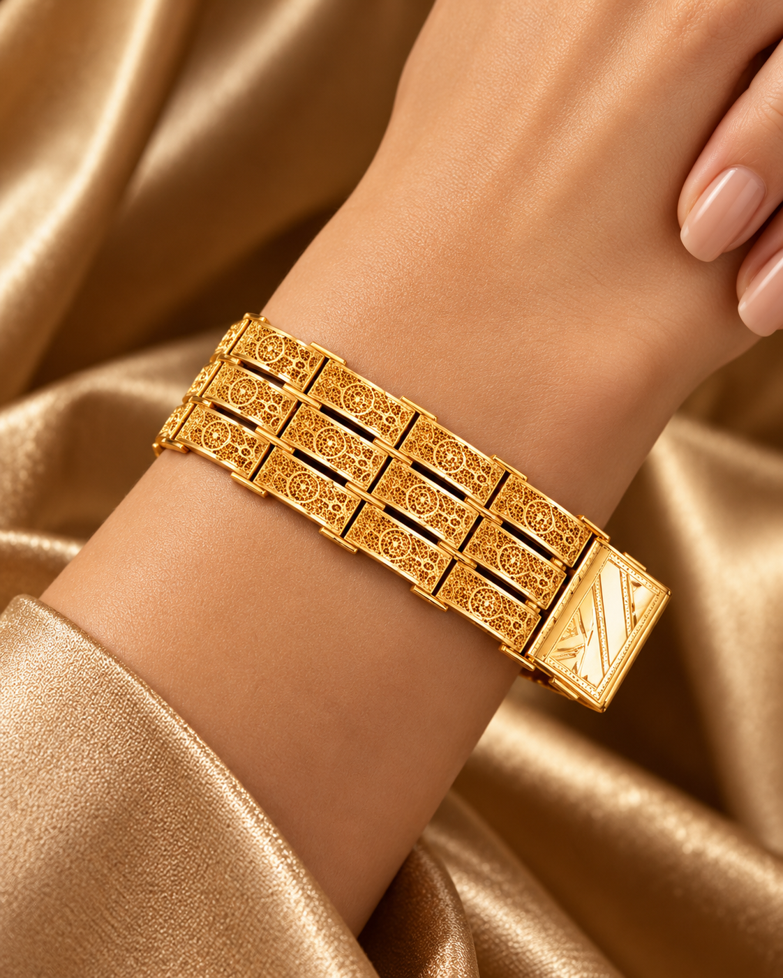 Wide three-row gold filigree panel bracelet with engraved clasp