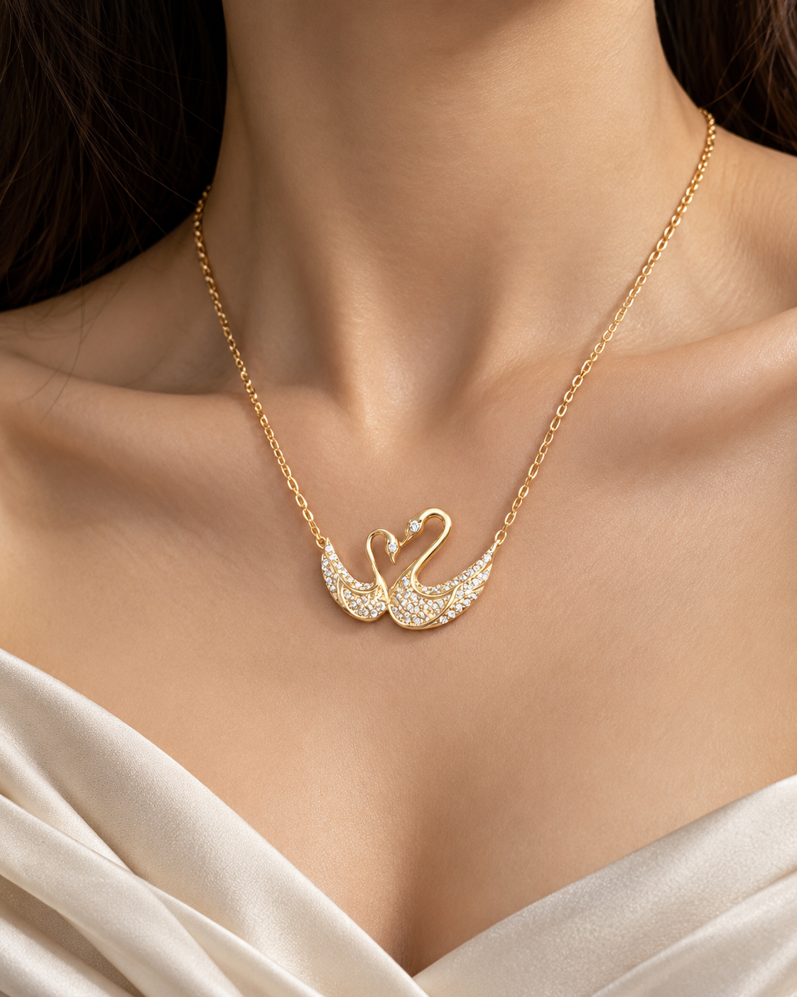 Gold twin swans necklace forming a heart, set with pavé white stones