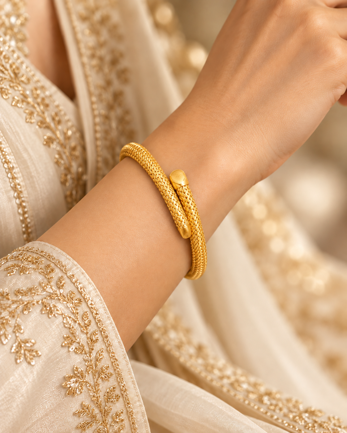 Gold woven wrap bangle with satin end caps worn on the wrist